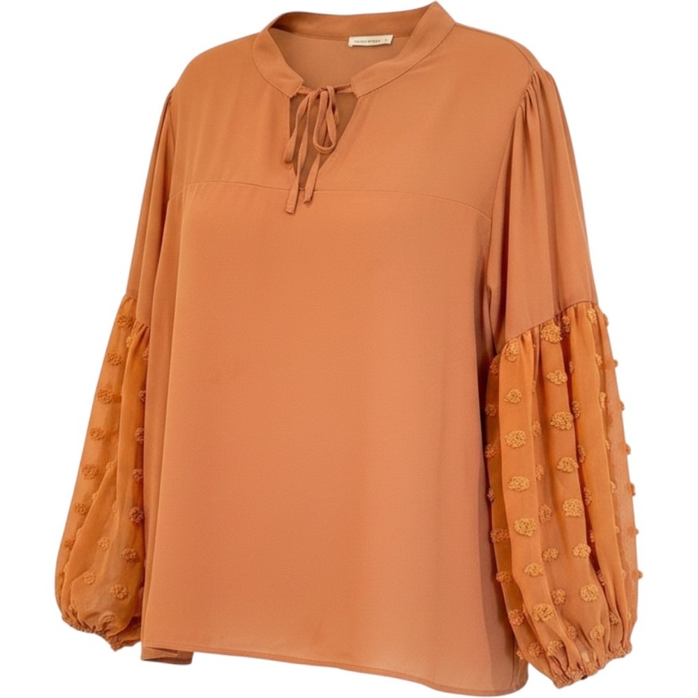 ANDTHEWHY Swiss Dot Balloon Sleeve Tie Neck Blouse Women's Large Tan Career Boho